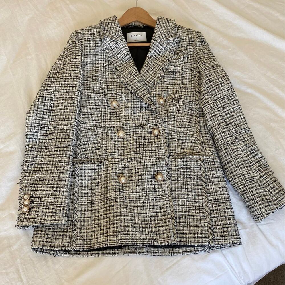 aritzia tweed blazer with pearl buttons